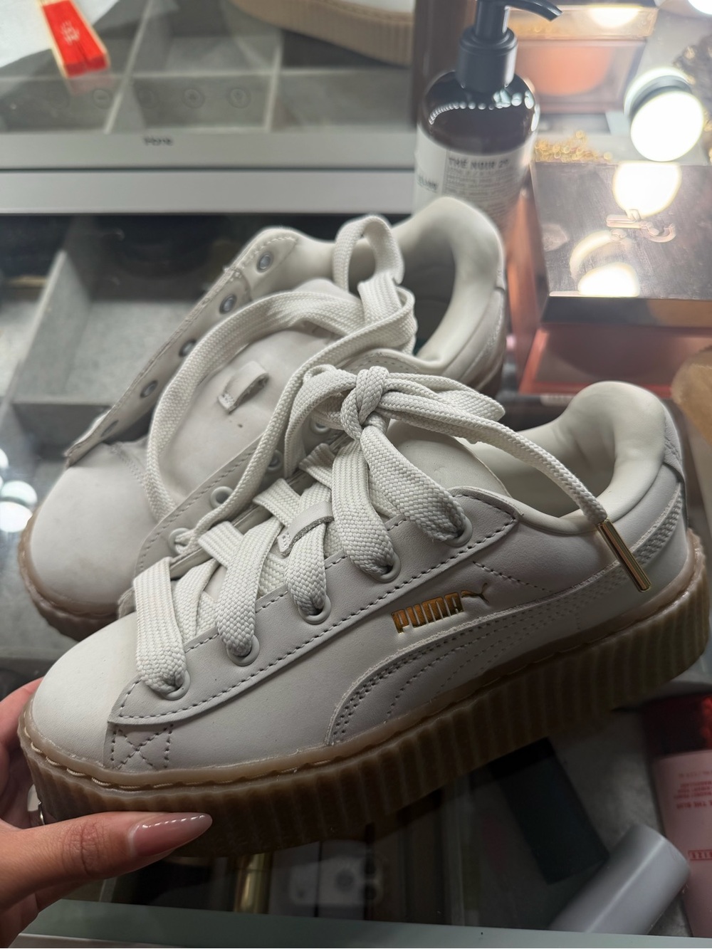 PUMA Women’s White Platform Lace-Up Sneakers with Gum Sole